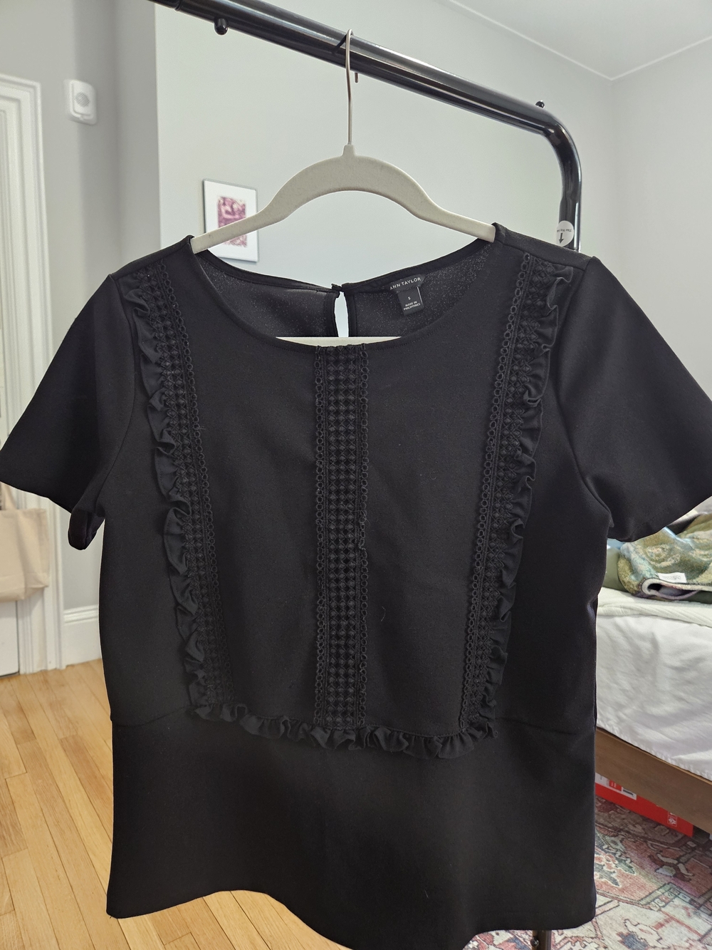 Ann Taylor Black Ruffled Front Top